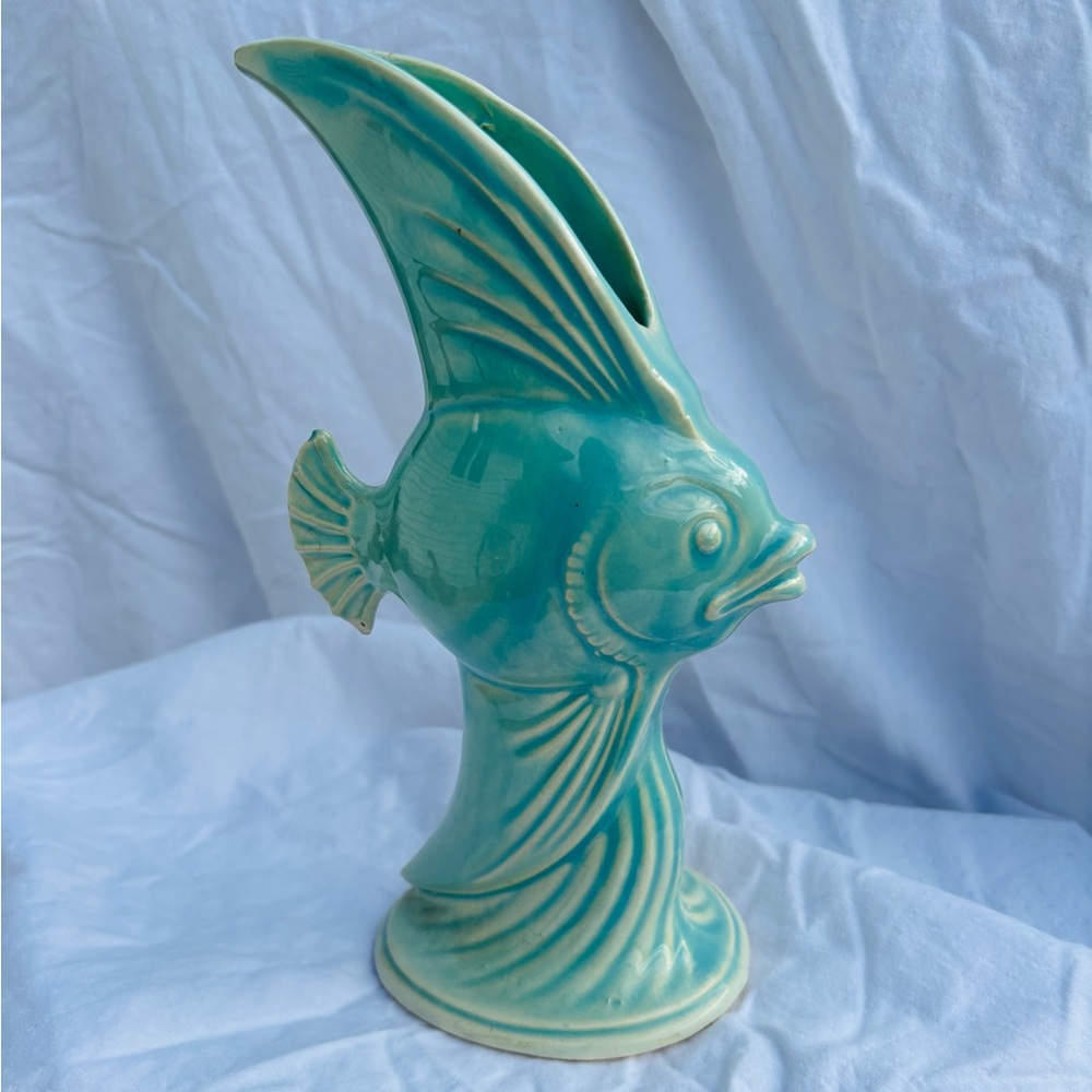 MCM Blue Green Fish Vase, 9” Made in Japan